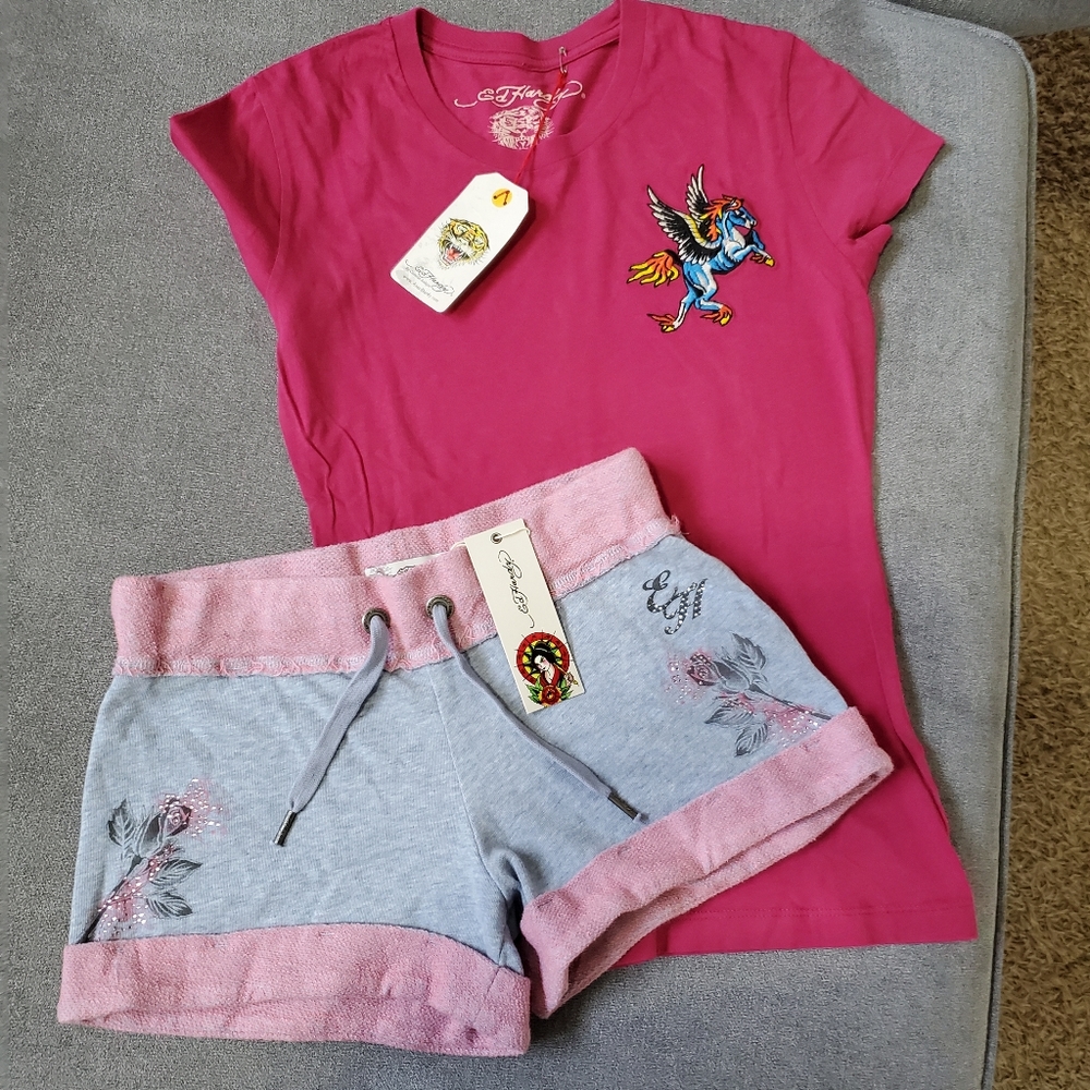 Ed Hardy Pink and Gray Women Shorts